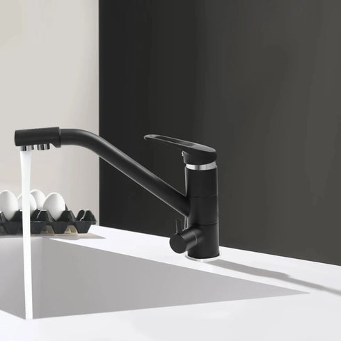 3-weg keukenkraan met 3 aansluitingen voor regenwater of gefilterd drinkwater | Zwart | Simmons