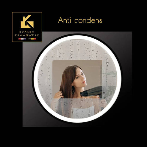 Spiegel rond 60 cm met zwart frame, led verlichting en anti condens
