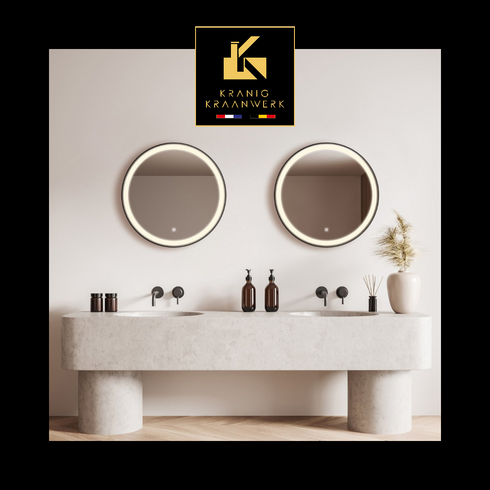 Spiegel rond 60 cm met zwart frame, led verlichting en anti condens