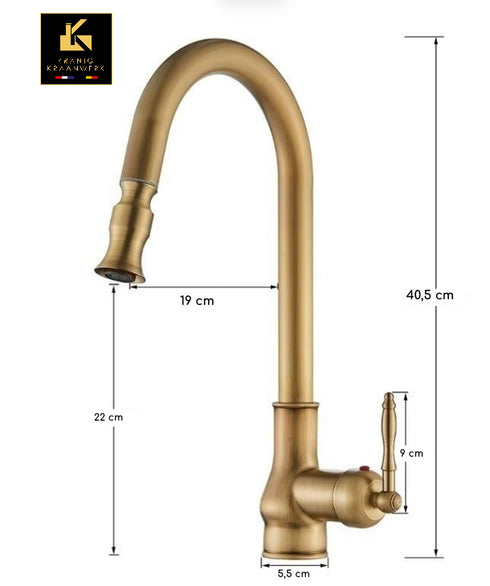Landelijk én Industrieel | Mengkraan | Uittrek slang | Veronica | Oud Goud en Zwart
