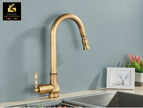 Landelijk én Industrieel | Mengkraan | Uittrek slang | Veronica | Oud Goud en Zwart