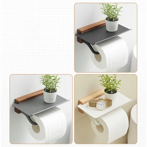 A high end design | Toiletrolhouder met telefoon vlak | Met houten rand in de afwerking