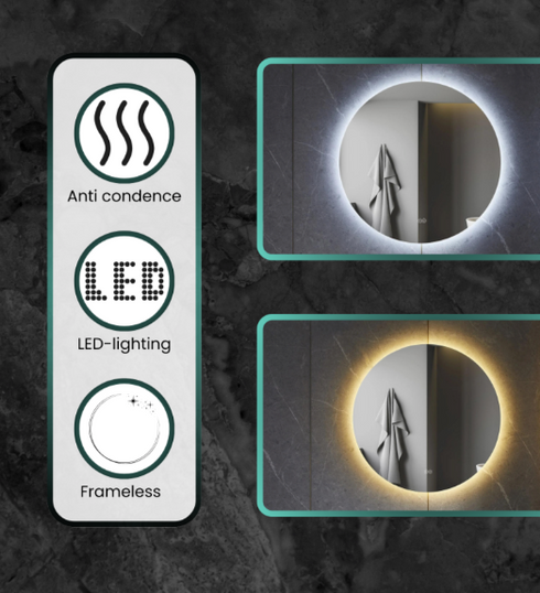 Spiegel rond 60 cm frameloos, rondom led verlichting en anti condens