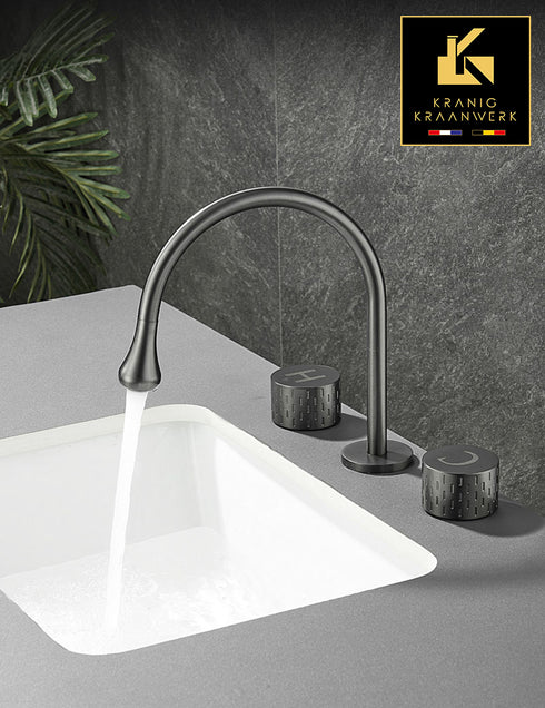Opbouw wastafelkraan met grote bedieningsknoppen | De Gebogen druppel | Montage op het meubel | Wastafelkraan