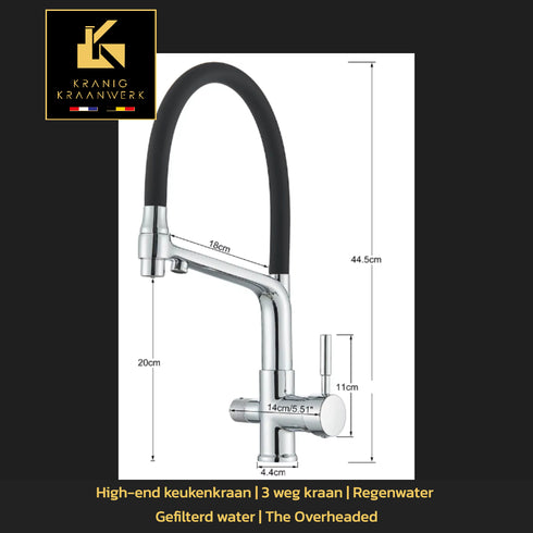 Flexibele 3-weg keukenkraan voor regenwater of gefilterd drinkwater | The Overheaded