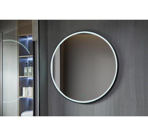 Spiegel rond 120 cm met zwart frame, led verlichting en anti-condens