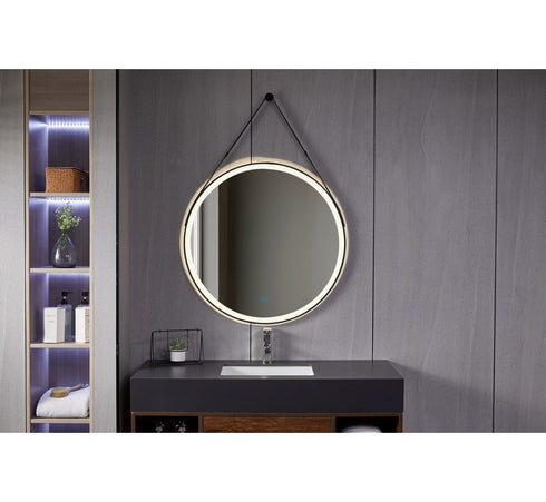 Spiegel rond 80 cm met trendy riem zwart frame, inbouw led verlichting en anti-condens