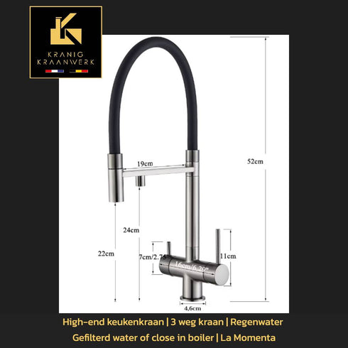 High-end keukenkraan met 3 aansluitingen | 3 weg kraan | Gefilterd water of regenwater hergebruik | La Momenta