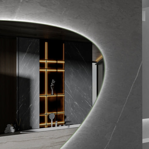Spiegel asymmetrisch organische led verlichting en anti-condens 140 cm breed en 75 cm hoog