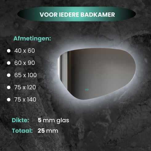 Spiegel asymmetrisch organische led verlichting en anti-condens 120 cm breed en 75 cm hoog