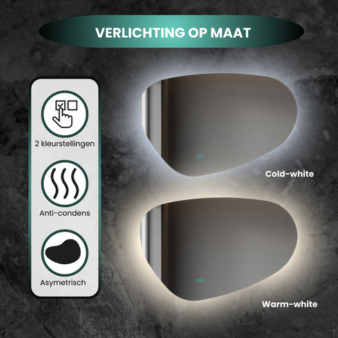 Spiegel asymmetrisch organische led verlichting en anti-condens 90 cm breed en 60 cm hoog