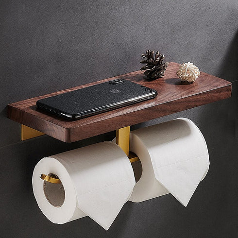 A high end design badkamer | Toiletrolhouder met telefoon vlak | Hout en goud