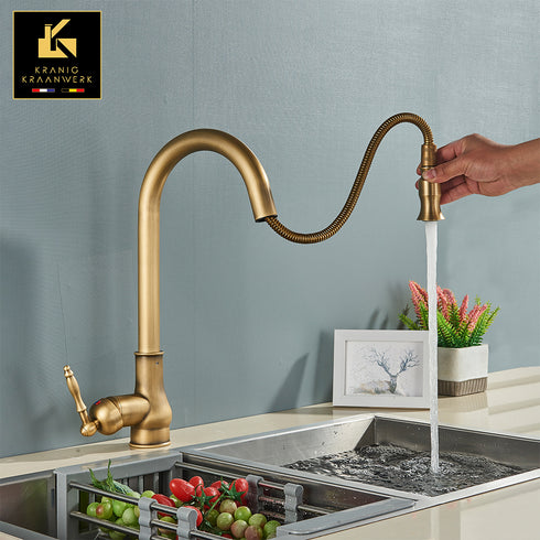 Landelijk én Industrieel | Mengkraan | Uittrek slang | Veronica | Oud Goud en Zwart