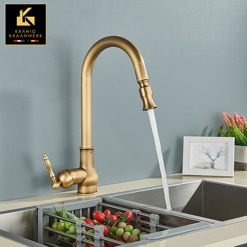 Landelijk én Industrieel | Mengkraan | Uittrek slang | Veronica | Oud Goud en Zwart