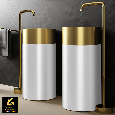 Waszuil | Staande wasbak | Vrijstaande fontein | De verzuiling | Wit met Goud