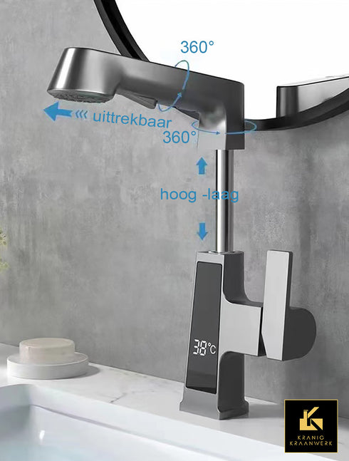 Handige kraan voor badkamer of voor in een salon | Kapperskraan | Temperatuur weergave | Uittrekbare slang | Uitschuifbaar | The Kim and only