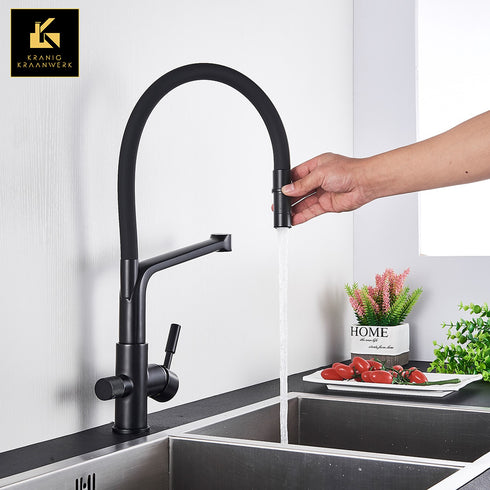 Keukenkraan met een extra ingang | 3 weg kraan | voor gefilterd water en/of close-in boiler | 3 weg kraan | Flexibele slang | The overheaded