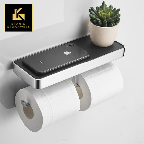 Inrichting | Design badkamer | Toiletrol houder met telefoon vlak | Dubbele rolhouder met inleg vlak