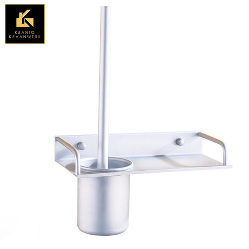 Toiletborstel met houder, plankje en rekje | Aluminium | Zwart