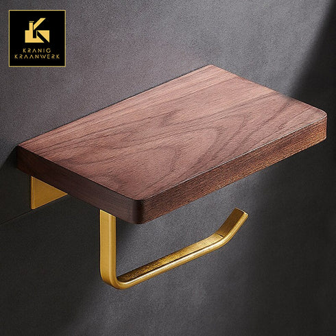 A high end design badkamer | Toiletrolhouder met telefoon vlak | Hout en goud