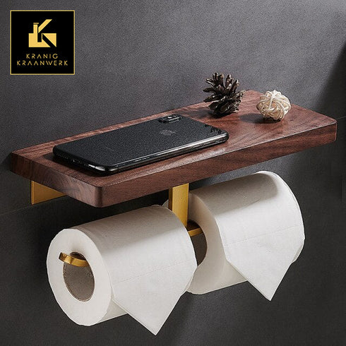A high end design badkamer | Toiletrolhouder met telefoon vlak | Hout en goud